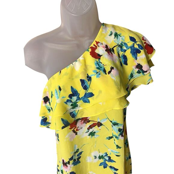 Rose & Olive Yellow Floral Ruffled Shoulder Blouse Sz Small Dopamine Colorful - Picture 5 of 8